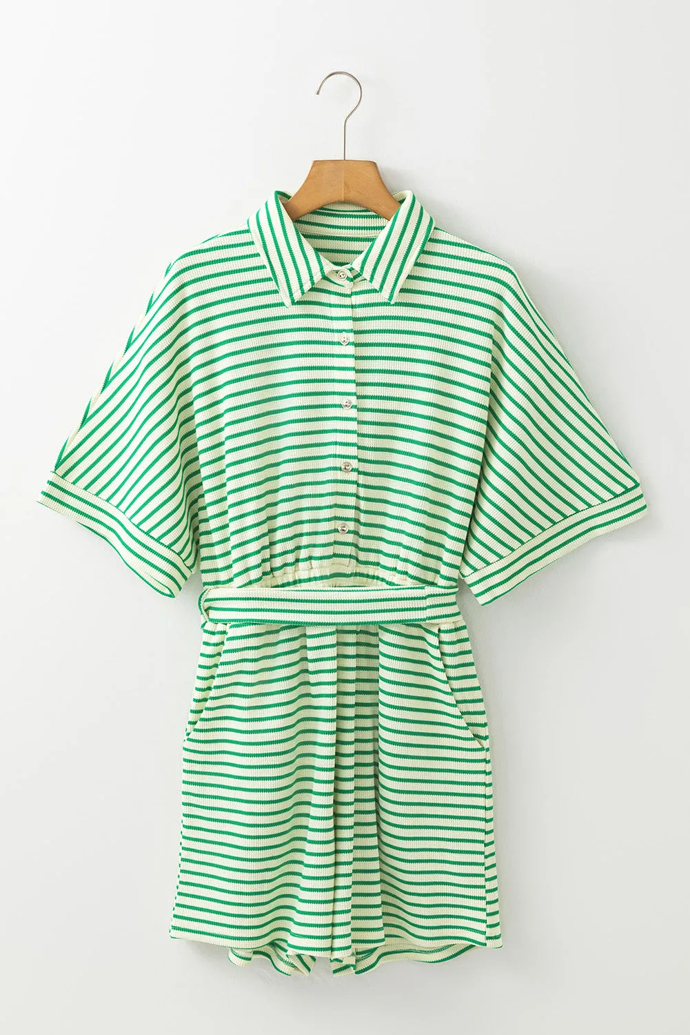 Green Stripe Textured Short Sleeve Collared Buttoned Waist Tie Romper sold by Beagle Boutique product image thumbnail 4