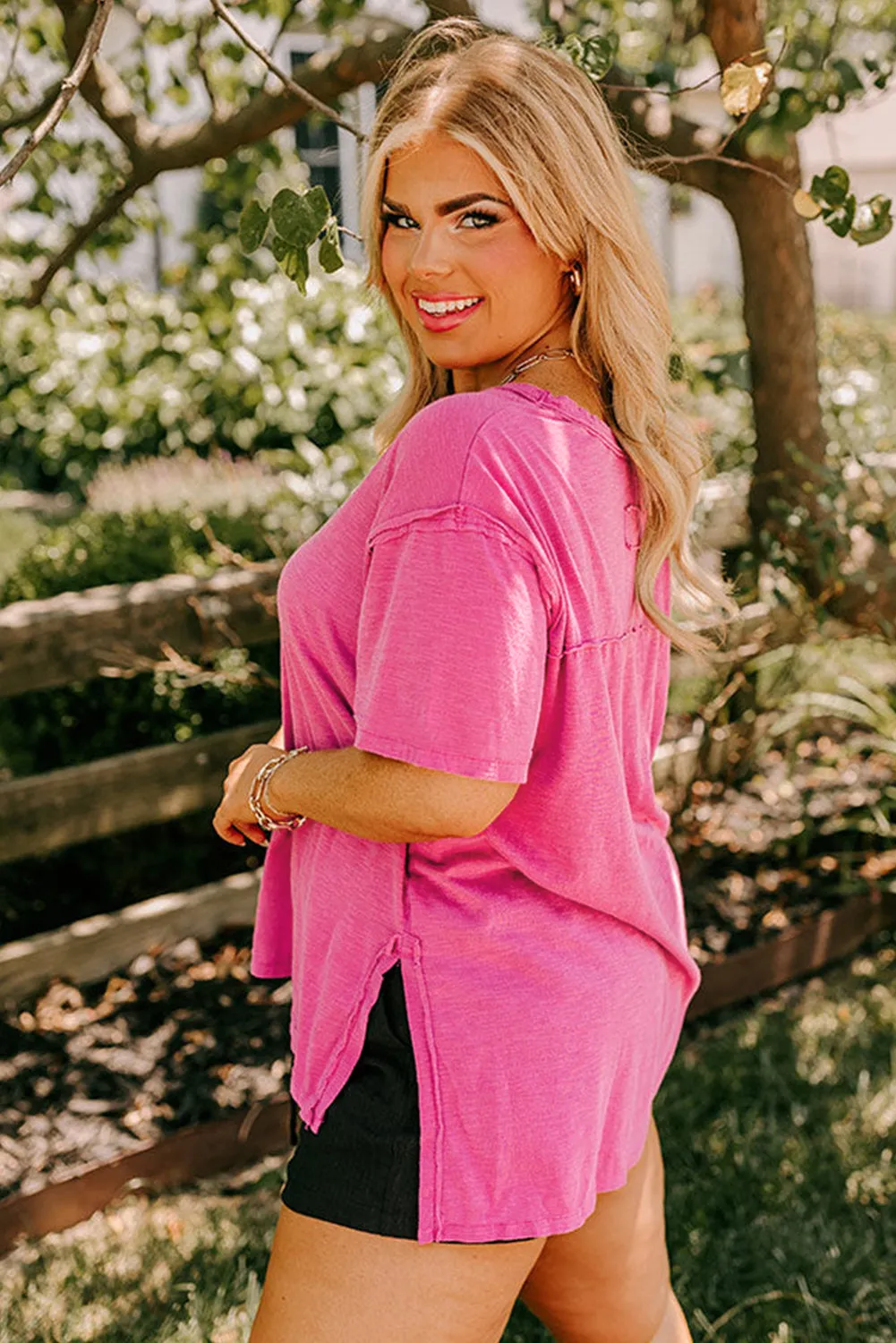 Coral Plus Size Solid Color Drop Shoulder Side Split T Shirt sold by Beagle Boutique product image thumbnail 3