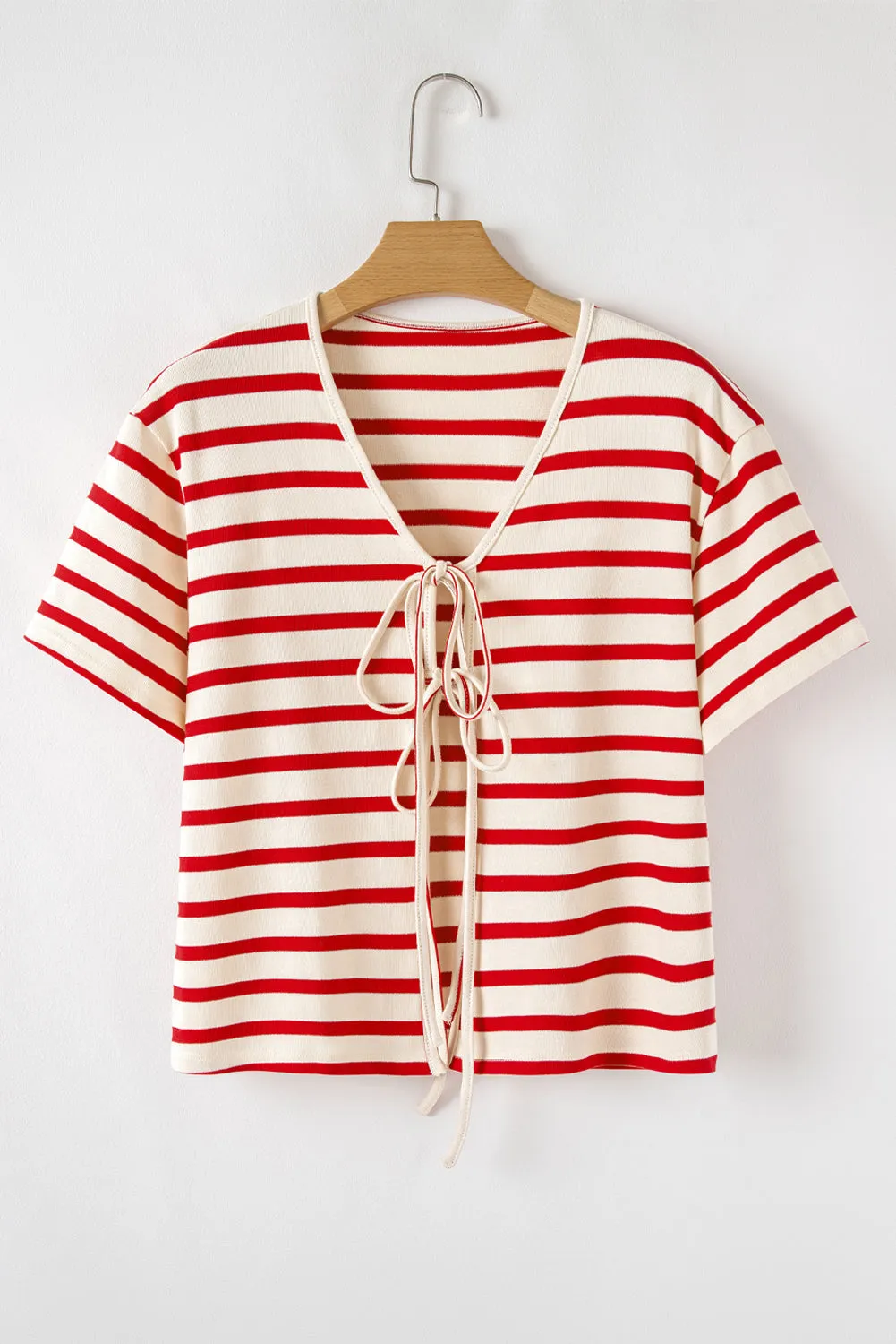 Red Stripe Lace-up Front Top and High Waist Shorts Set sold by Beagle Boutique product image thumbnail 4