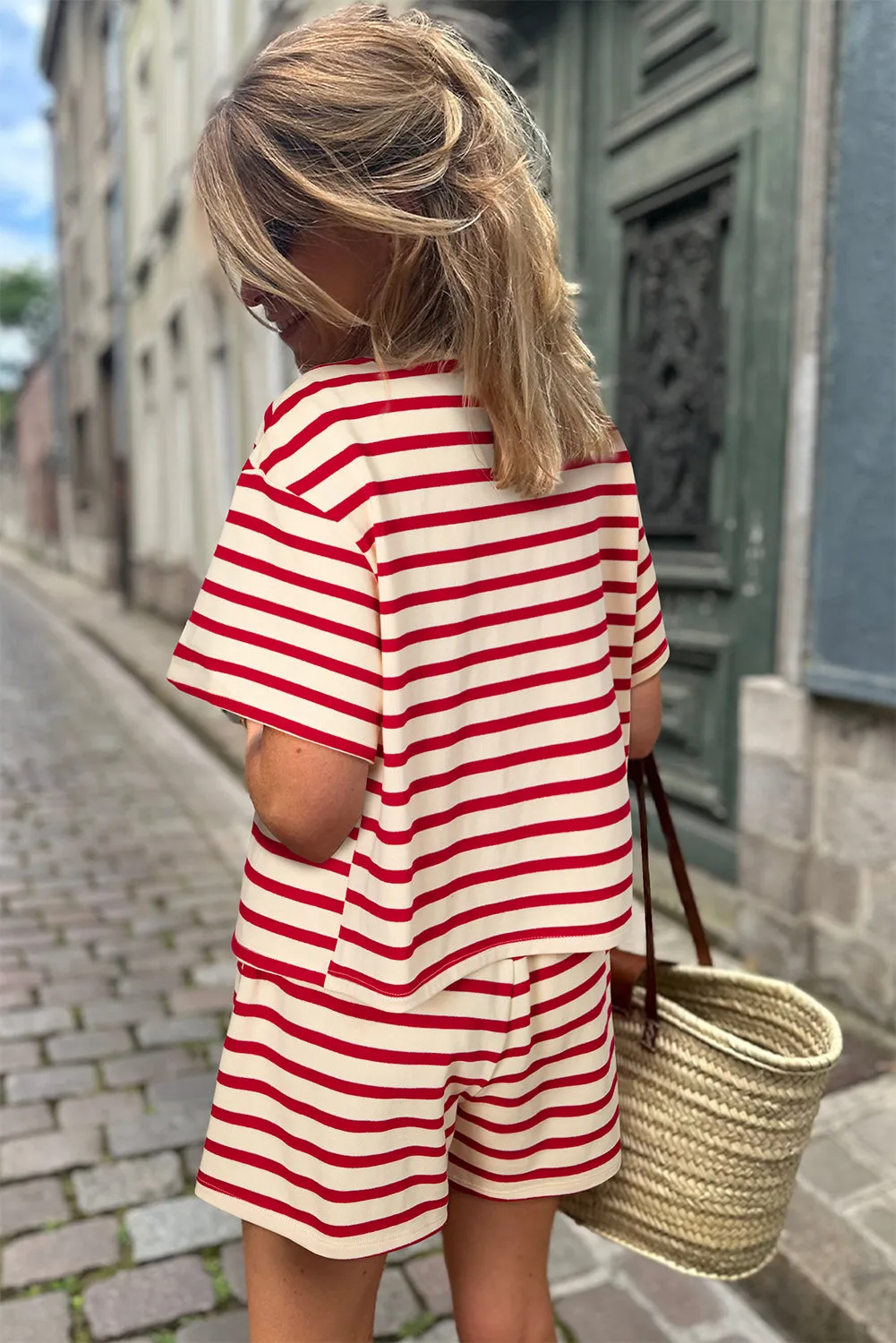 Red Stripe Lace-up Front Top and High Waist Shorts Set sold by Beagle Boutique product image thumbnail 2