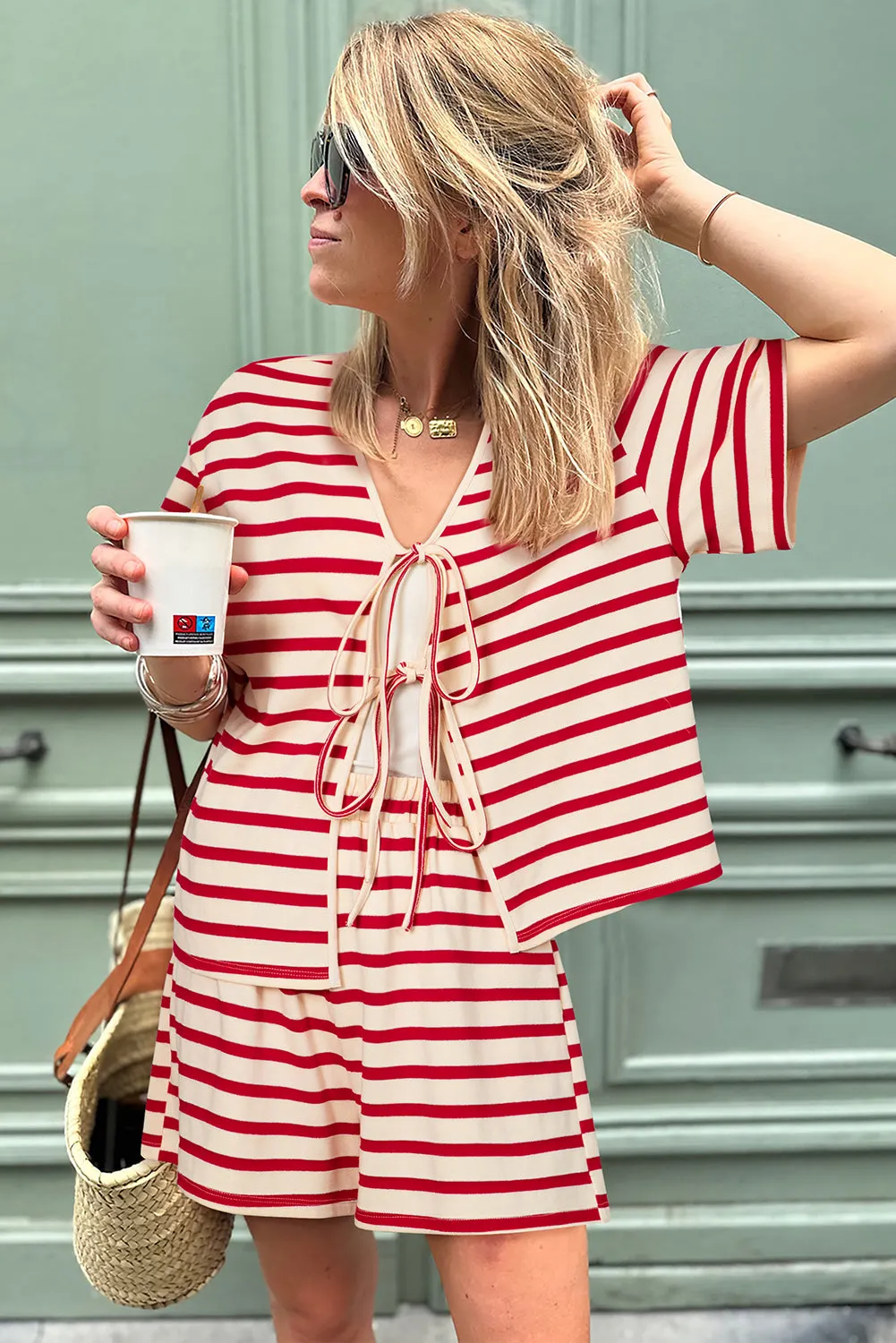 Red Stripe Lace-up Front Top and High Waist Shorts Set sold by Beagle Boutique product image thumbnail 3