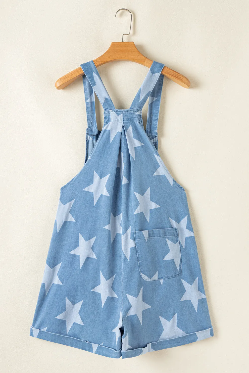 Light Blue Star Printed Buttoned Straps Pocketed Denim Romper sold by Beagle Boutique product image thumbnail 5