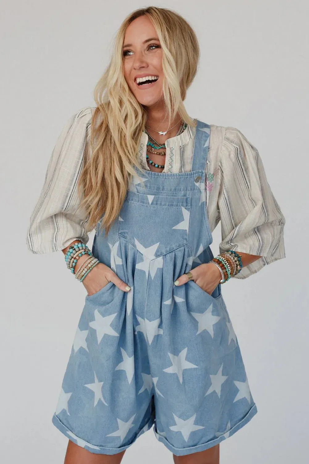 Light Blue Star Printed Buttoned Straps Pocketed Denim Romper sold by Beagle Boutique product image thumbnail 3