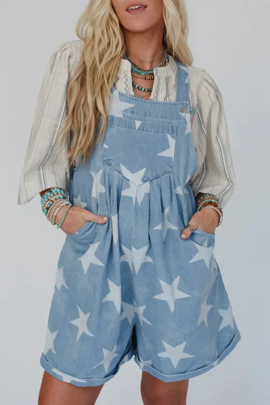 Light Blue Star Printed Buttoned Straps Pocketed Denim Romper sold by Beagle Boutique