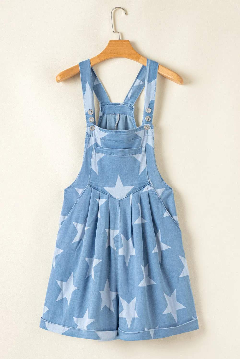 Light Blue Star Printed Buttoned Straps Pocketed Denim Romper sold by Beagle Boutique product image thumbnail 4