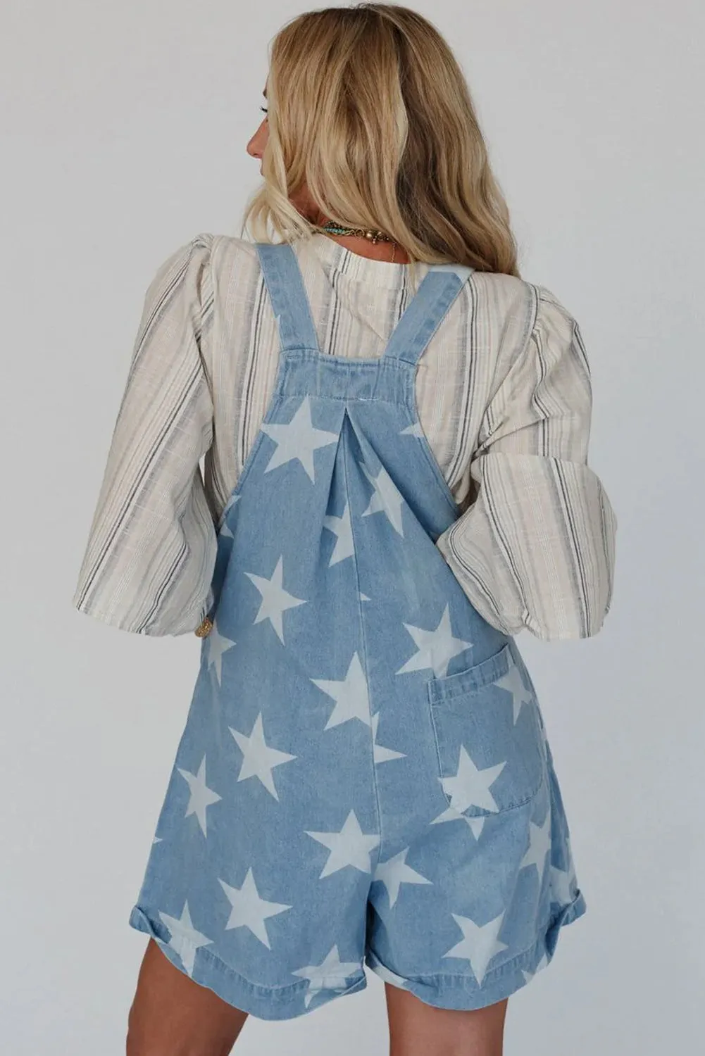 Light Blue Star Printed Buttoned Straps Pocketed Denim Romper sold by Beagle Boutique product image thumbnail 2