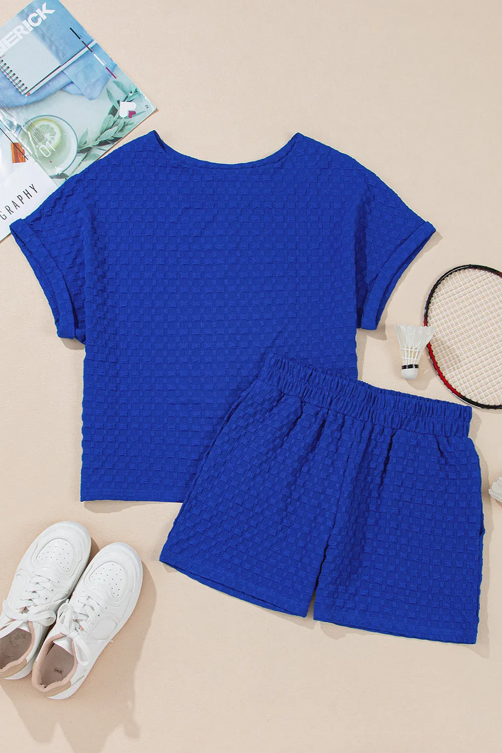 Sky Blue Jacquard Textured Buttoned Tee and Shorts Set sold by Beagle Boutique
