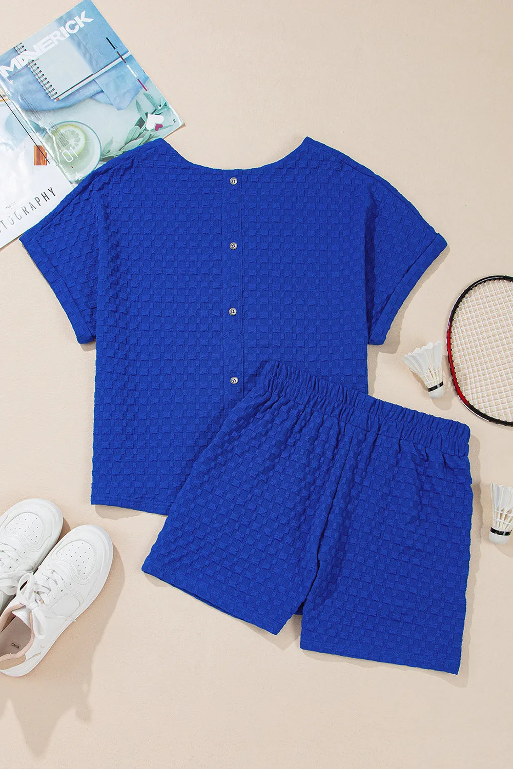 Sky Blue Jacquard Textured Buttoned Tee and Shorts Set sold by Beagle Boutique product image thumbnail 2