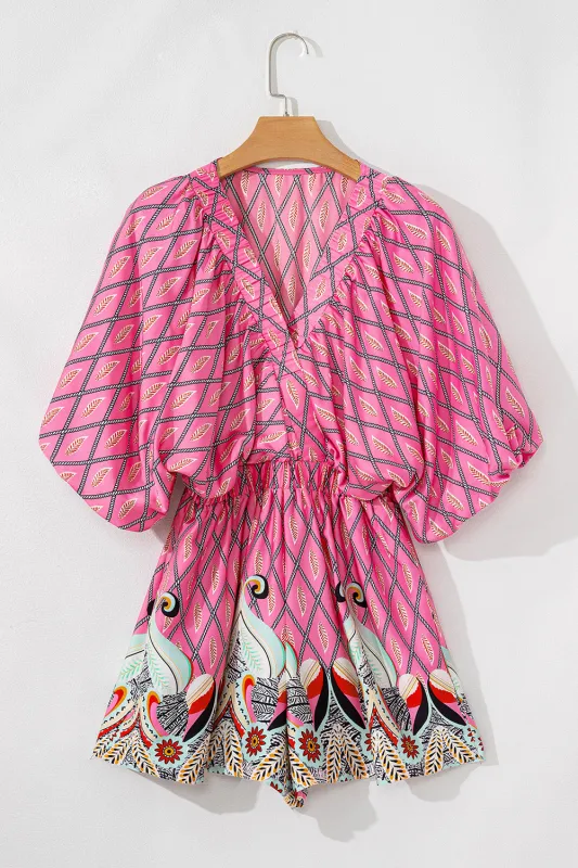 Pink Paisley Geometric Print V Neck High Waist Romper sold by Beagle Boutique