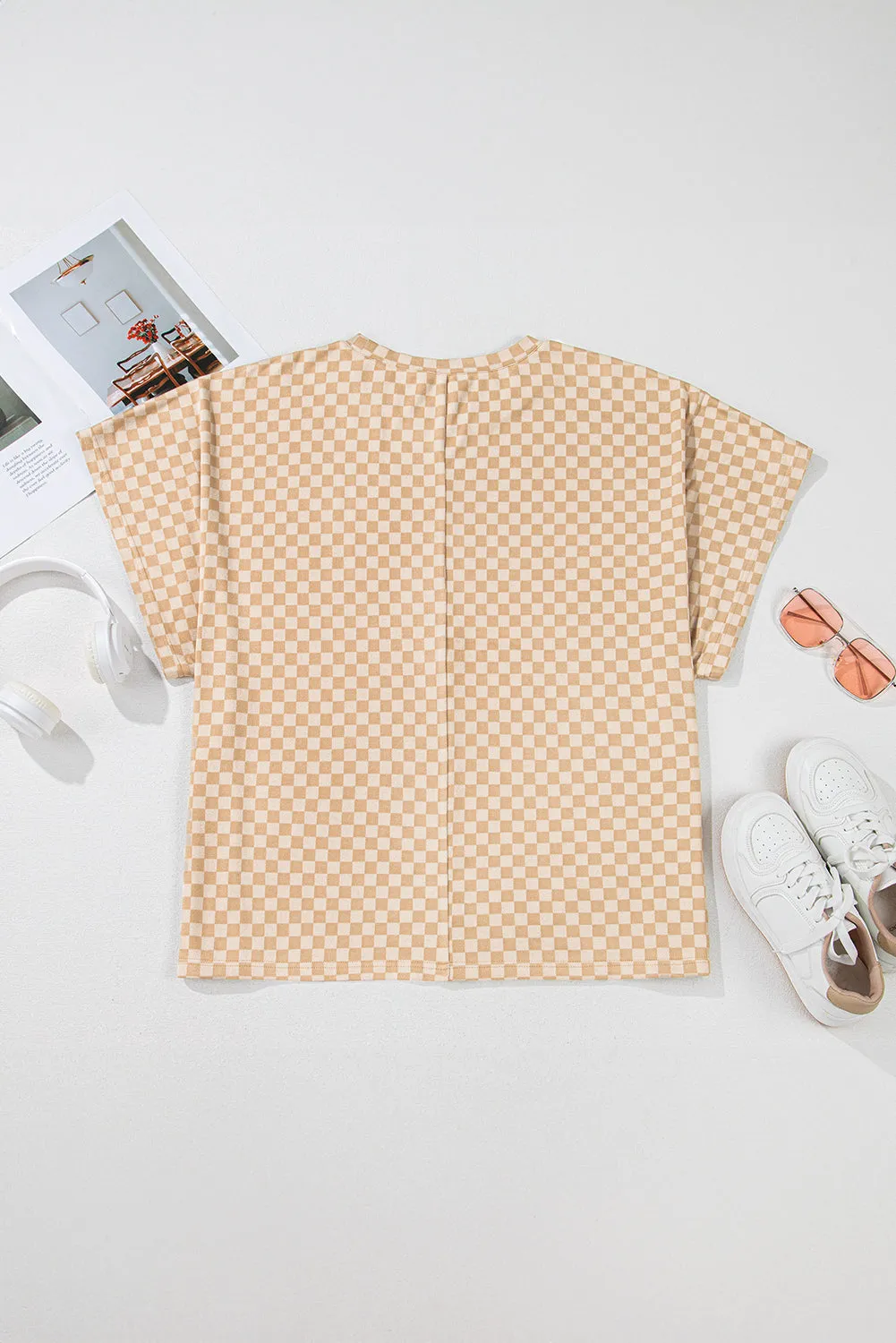 Khaki Checkerboard Short Batwing Sleeve Round Neck Plus Size T Shirt sold by Beagle Boutique product image thumbnail 5