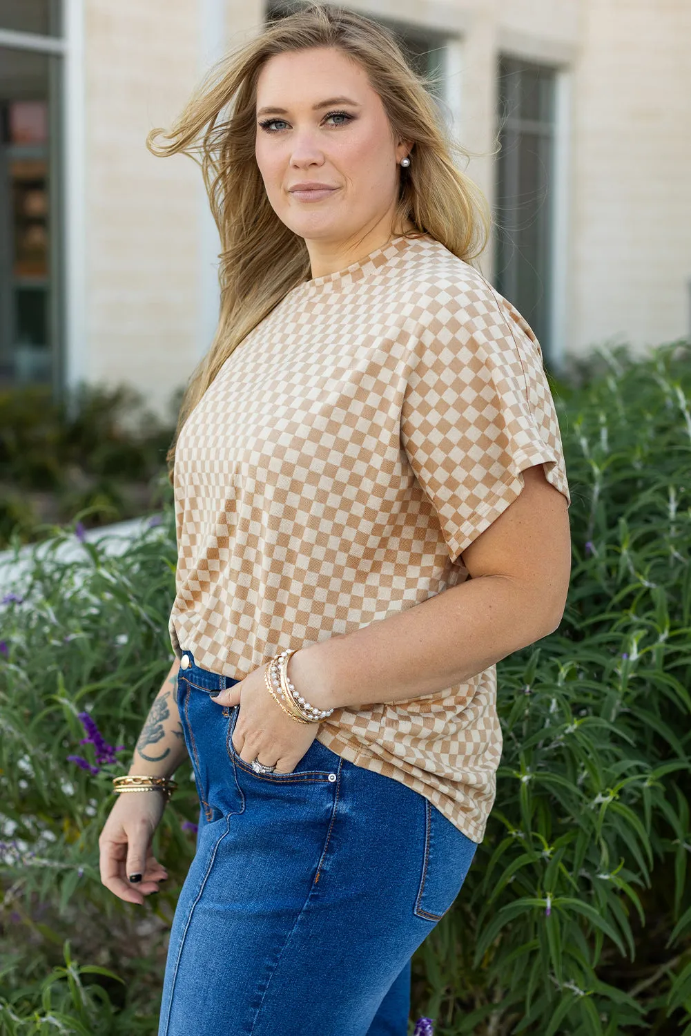 Khaki Checkerboard Short Batwing Sleeve Round Neck Plus Size T Shirt sold by Beagle Boutique product image thumbnail 3