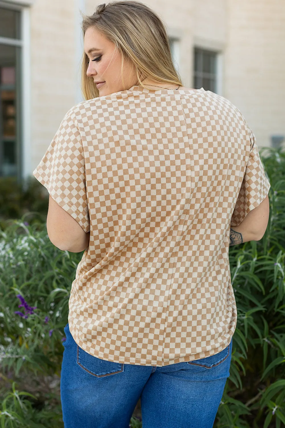 Khaki Checkerboard Short Batwing Sleeve Round Neck Plus Size T Shirt sold by Beagle Boutique product image thumbnail 2