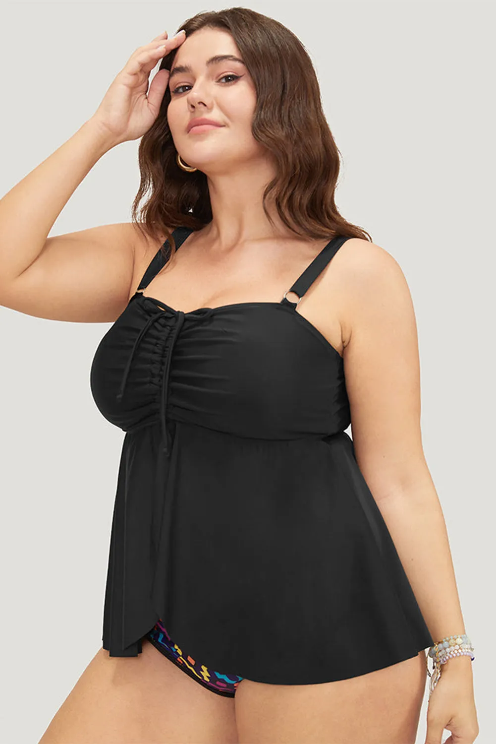 Black Drawstring Tied Front Flared Top Geometric Print Bottom Plus Size Tankinis sold by Beagle Boutique product image thumbnail 2