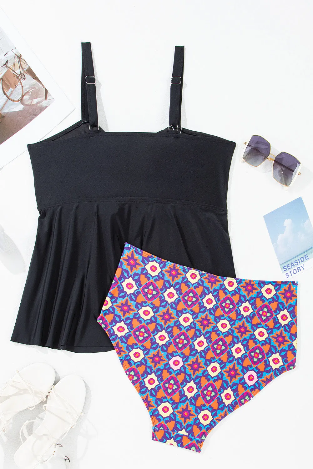 Black Drawstring Tied Front Flared Top Geometric Print Bottom Plus Size Tankinis sold by Beagle Boutique product image thumbnail 5