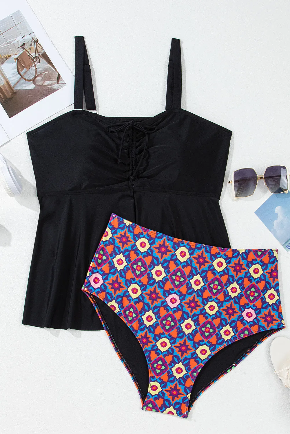 Black Drawstring Tied Front Flared Top Geometric Print Bottom Plus Size Tankinis sold by Beagle Boutique product image thumbnail 4