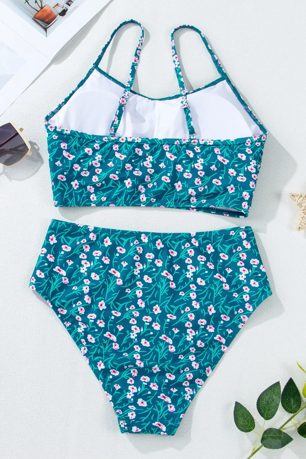 Blue Floral Print Smocked Cute Bikini Set sold by Beagle Boutique product image thumbnail 5