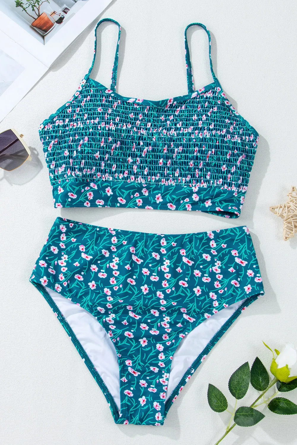 Blue Floral Print Smocked Cute Bikini Set sold by Beagle Boutique product image thumbnail 4