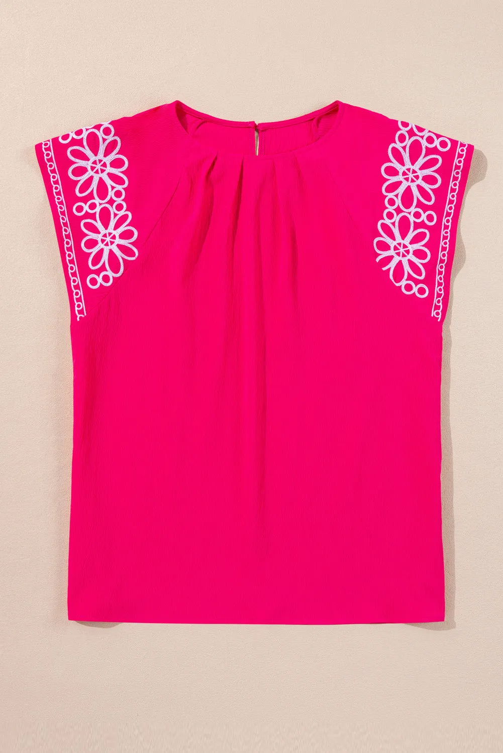 Strawberry Pink Floral Embroidered Flutter Sleeve Pleated O Neck Plus Size Blouse sold by Beagle Boutique product image thumbnail 4
