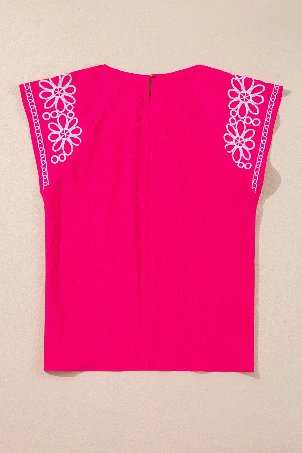 Strawberry Pink Floral Embroidered Flutter Sleeve Pleated O Neck Plus Size Blouse sold by Beagle Boutique product image thumbnail 5