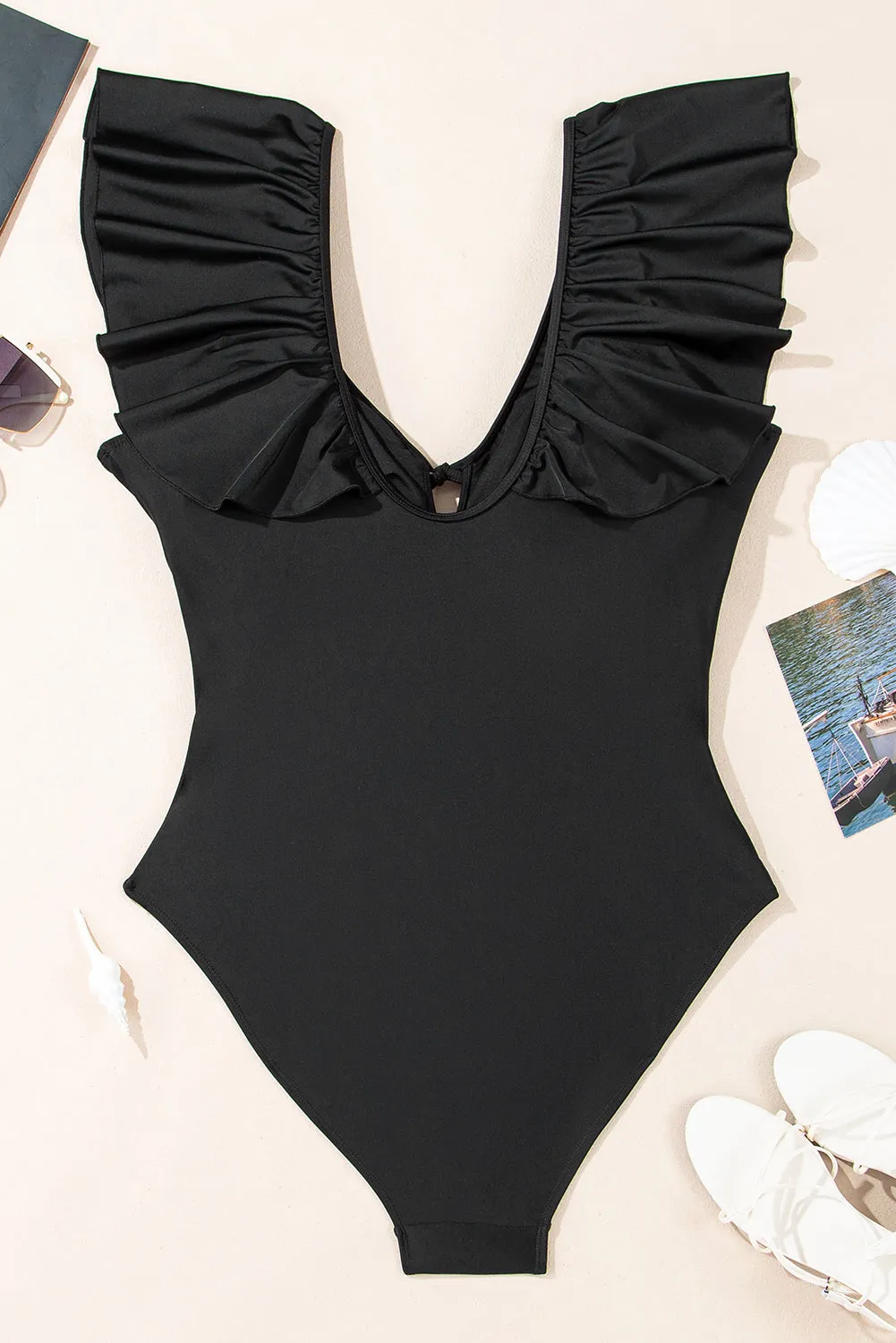 Black Ruffled Sleeve Lace-up V Neck Plus Size One Piece Swimsuit sold by Beagle Boutique product image thumbnail 5