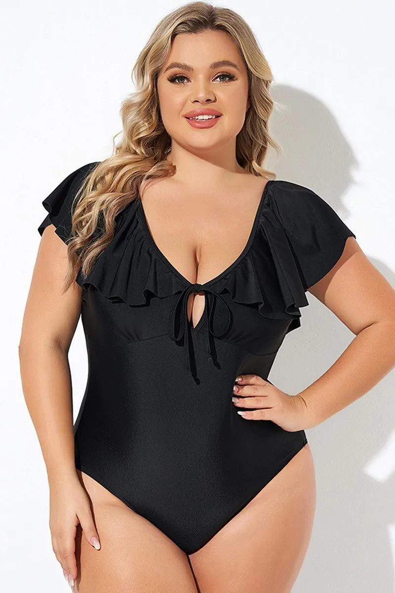 Black Ruffled Sleeve Lace-up V Neck Plus Size One Piece Swimsuit sold by Beagle Boutique product image thumbnail 3