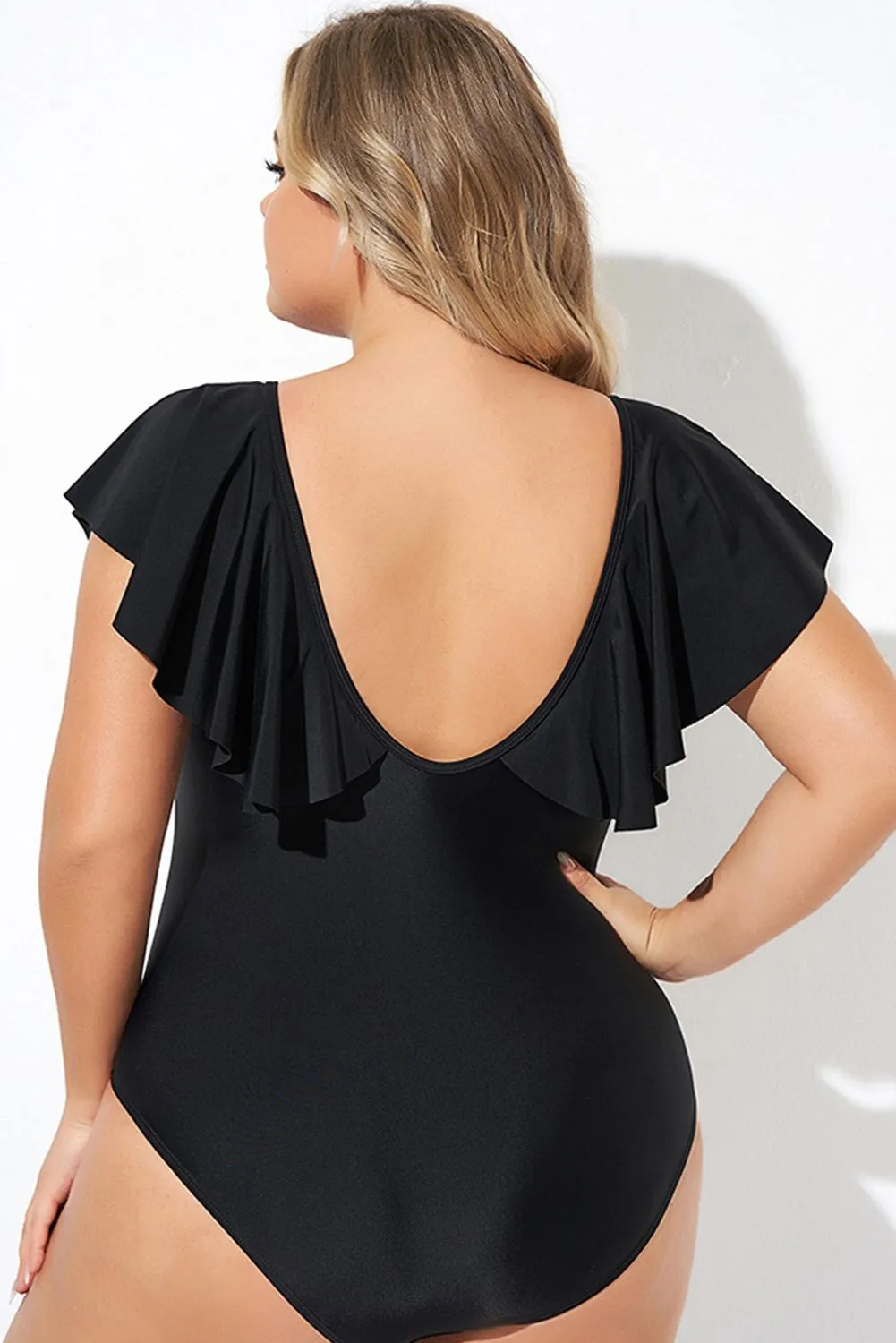 Black Ruffled Sleeve Lace-up V Neck Plus Size One Piece Swimsuit sold by Beagle Boutique product image thumbnail 2