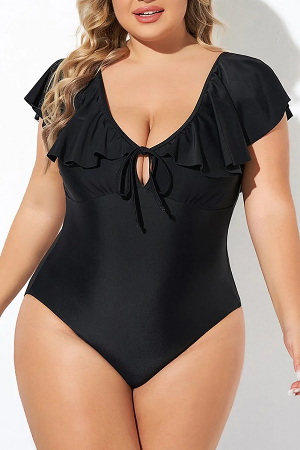Black Ruffled Sleeve Lace-up V Neck Plus Size One Piece Swimsuit sold by Beagle Boutique
