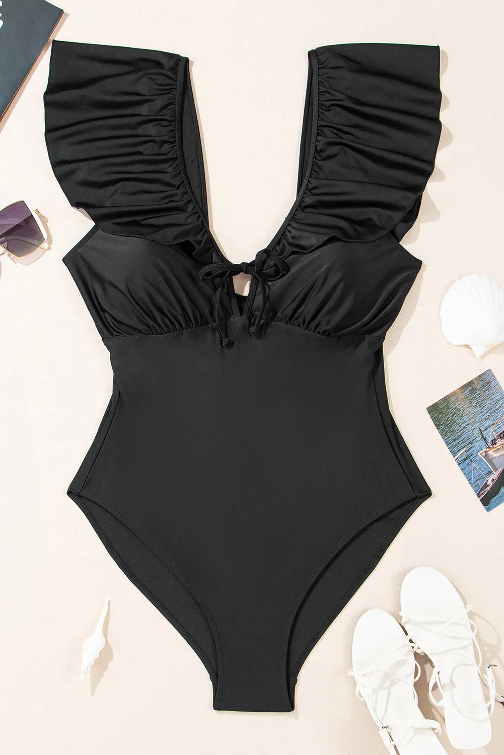 Black Ruffled Sleeve Lace-up V Neck Plus Size One Piece Swimsuit sold by Beagle Boutique product image thumbnail 4