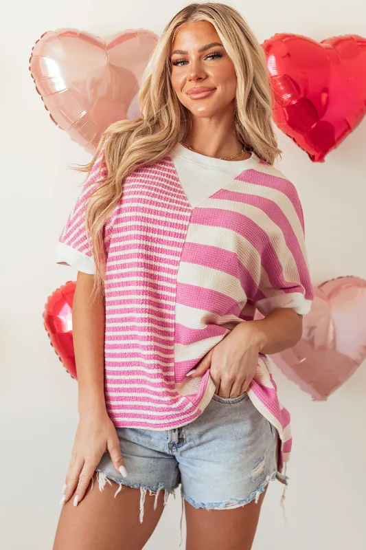 Pink Stripe Patchwork Textured Short Sleeve High Low Loose Top sold by Beagle Boutique