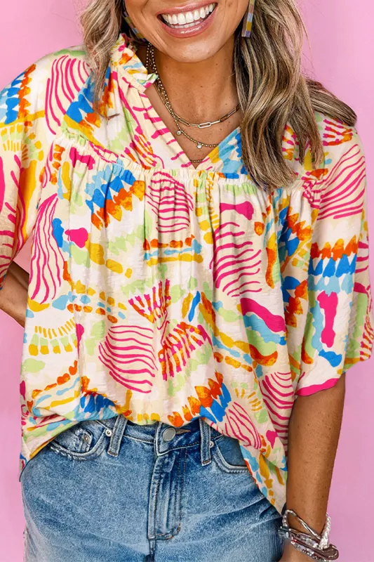 Orange Abstract Printed Shirred Bubble Half Sleeve V Neck Blouse sold by Beagle Boutique