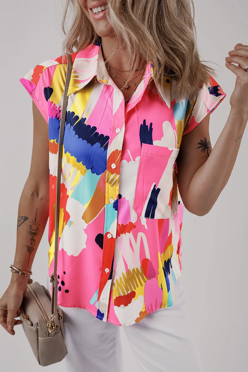 Multicolour Abstract Print Collared Cap Sleeve Casual Shirt sold by Beagle Boutique product image thumbnail 3