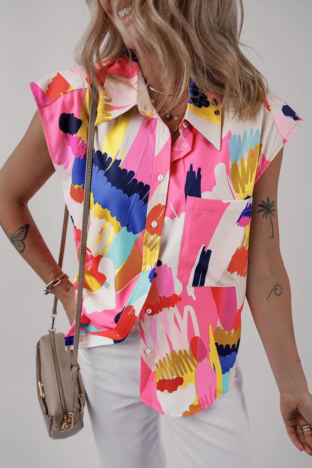 Multicolour Abstract Print Collared Cap Sleeve Casual Shirt sold by Beagle Boutique