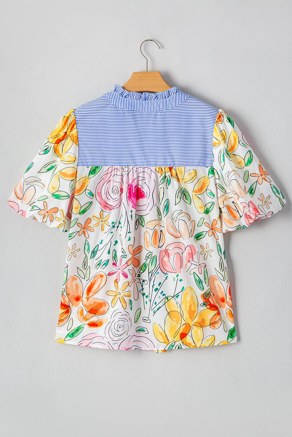 Multicolour Floral Print Striped Yoke Frilled V Neck Puff Short Sleeve Blouse sold by Beagle Boutique product image thumbnail 5