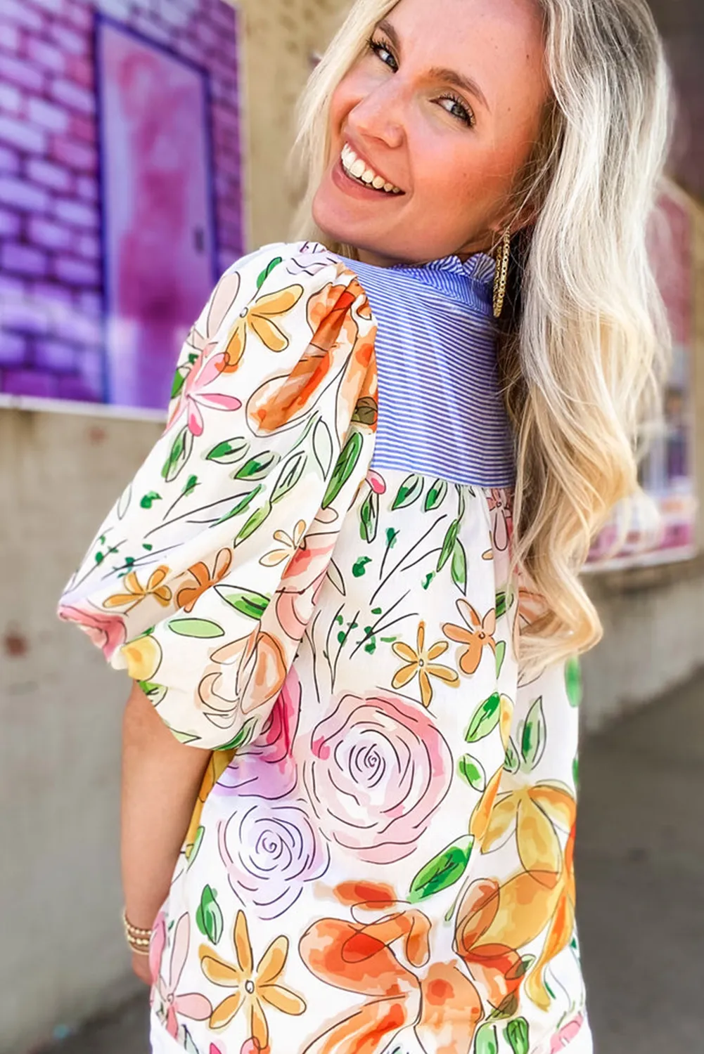 Multicolour Floral Print Striped Yoke Frilled V Neck Puff Short Sleeve Blouse sold by Beagle Boutique product image thumbnail 2