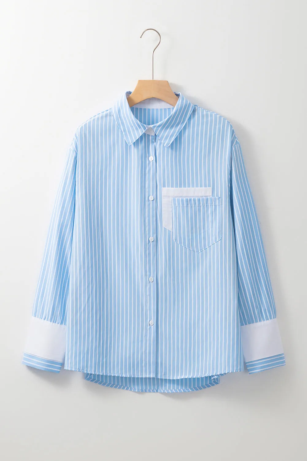 Sky Blue Stripe Contrast Patch Pocket Cuffed Sleeve Casual Shirt sold by Beagle Boutique product image thumbnail 4