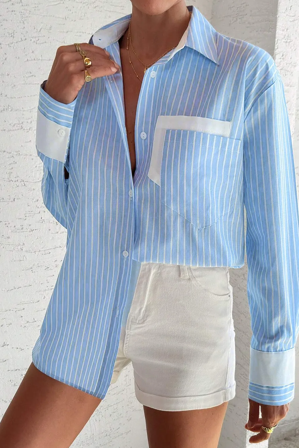 Sky Blue Stripe Contrast Patch Pocket Cuffed Sleeve Casual Shirt sold by Beagle Boutique product image thumbnail 3