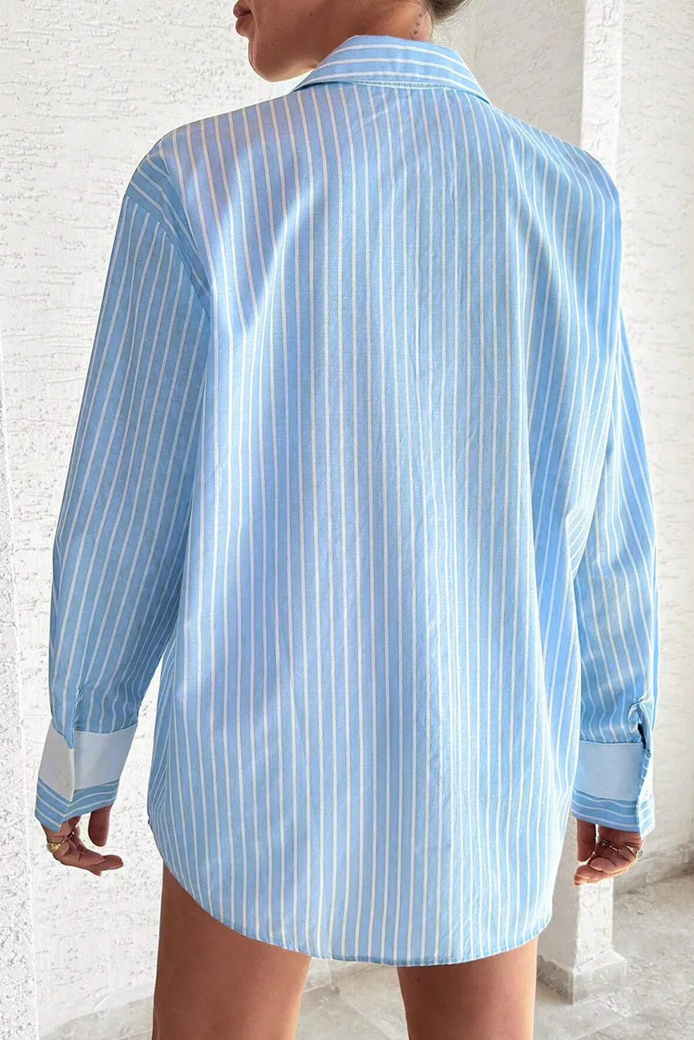 Sky Blue Stripe Contrast Patch Pocket Cuffed Sleeve Casual Shirt sold by Beagle Boutique product image thumbnail 2