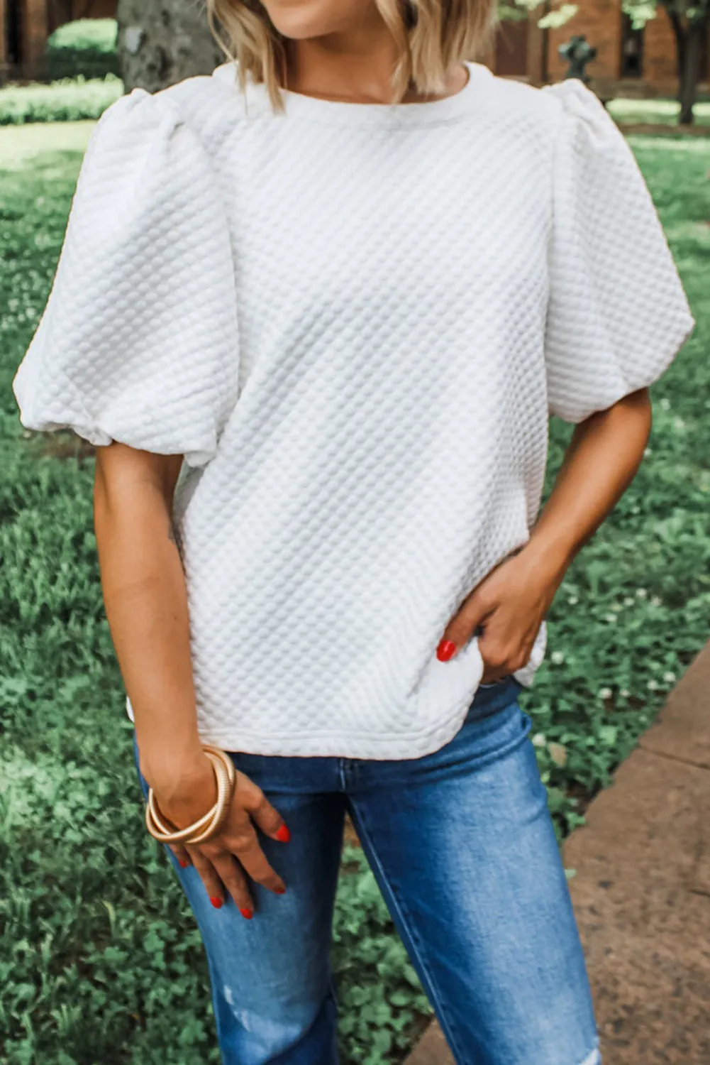 White Solid Textured O Neck Puff Sleeve Blouse sold by Beagle Boutique