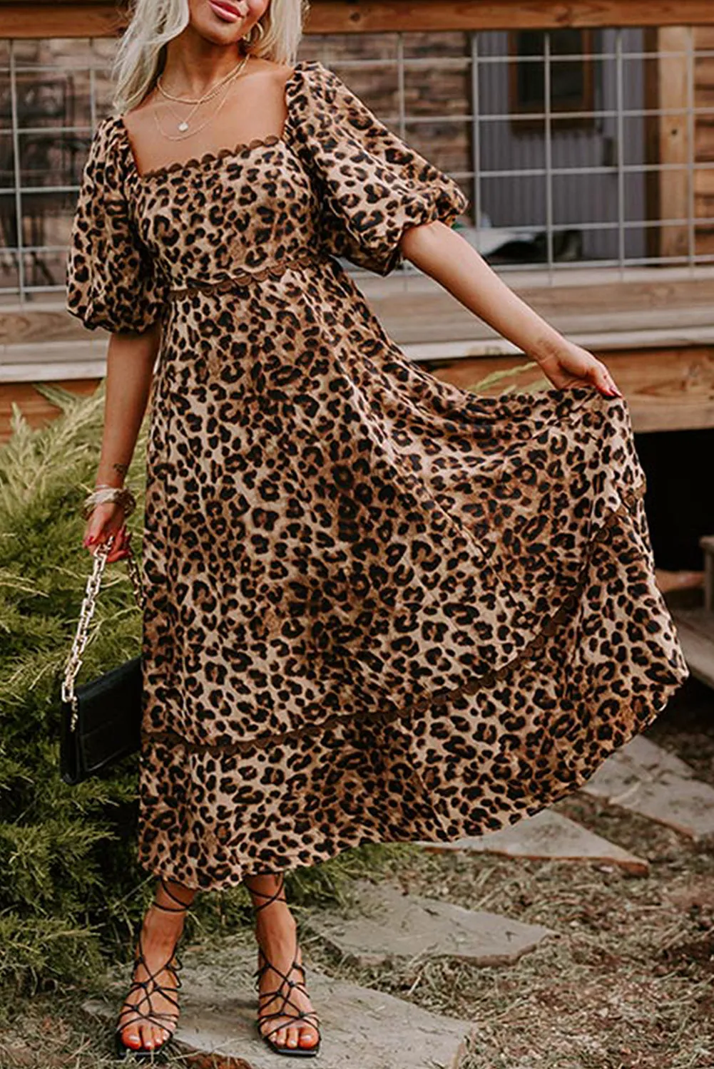 Brown Leopard Print Bubble Sleeve Square Neck Maxi Dress sold by Beagle Boutique