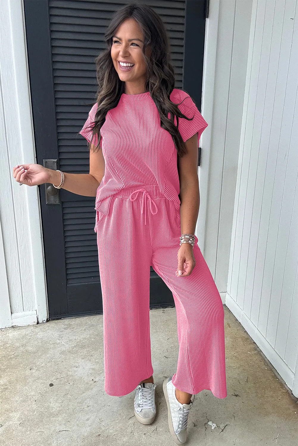 Bright Pink Solid Ribbed Knit Short Sleeve T Shirt and Wide Leg Trousers Set sold by Beagle Boutique product image thumbnail 2