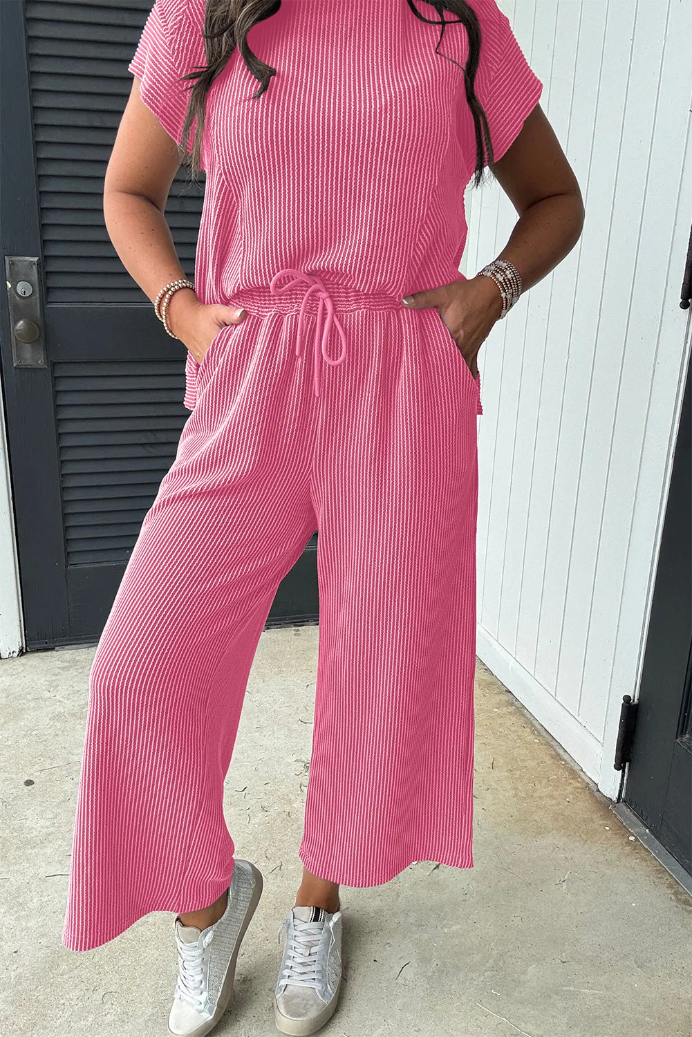 Bright Pink Solid Ribbed Knit Short Sleeve T Shirt and Wide Leg Trousers Set sold by Beagle Boutique product image thumbnail 3