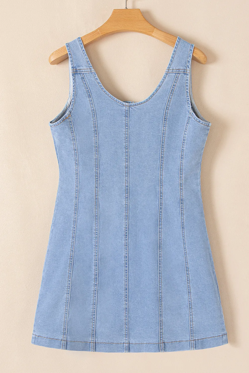 Beau Blue Light Wash Denim Buttoned Front Chest Pockets Sleeveless Slim Mini Dress sold by Beagle Boutique product image thumbnail 5