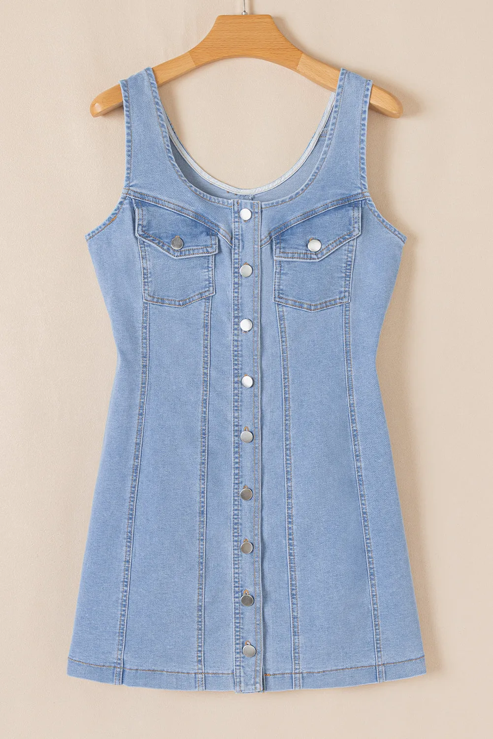 Beau Blue Light Wash Denim Buttoned Front Chest Pockets Sleeveless Slim Mini Dress sold by Beagle Boutique product image thumbnail 4