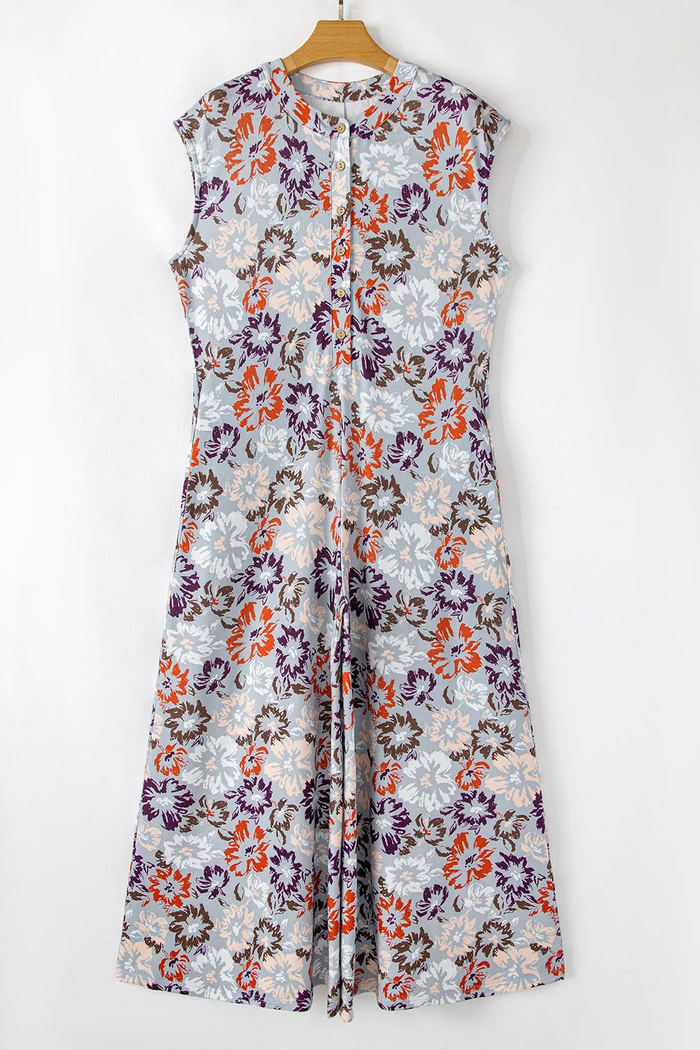 Sky Blue Floral Sleeveless Buttoned Pocketed Wide Leg Jumpsuit sold by Beagle Boutique product image thumbnail 4