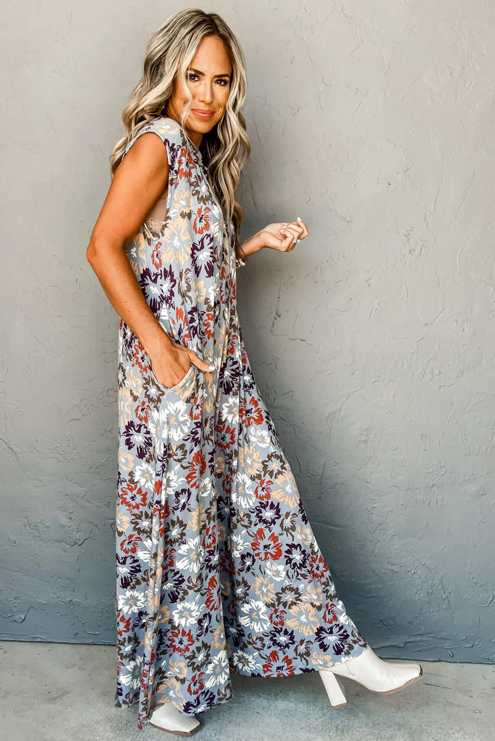 Sky Blue Floral Sleeveless Buttoned Pocketed Wide Leg Jumpsuit sold by Beagle Boutique product image thumbnail 3