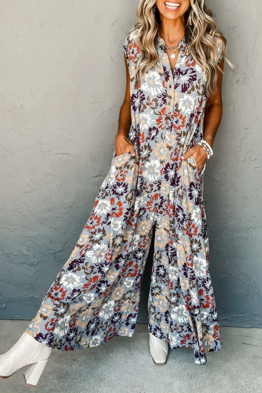 Sky Blue Floral Sleeveless Buttoned Pocketed Wide Leg Jumpsuit made by Beagle Boutique