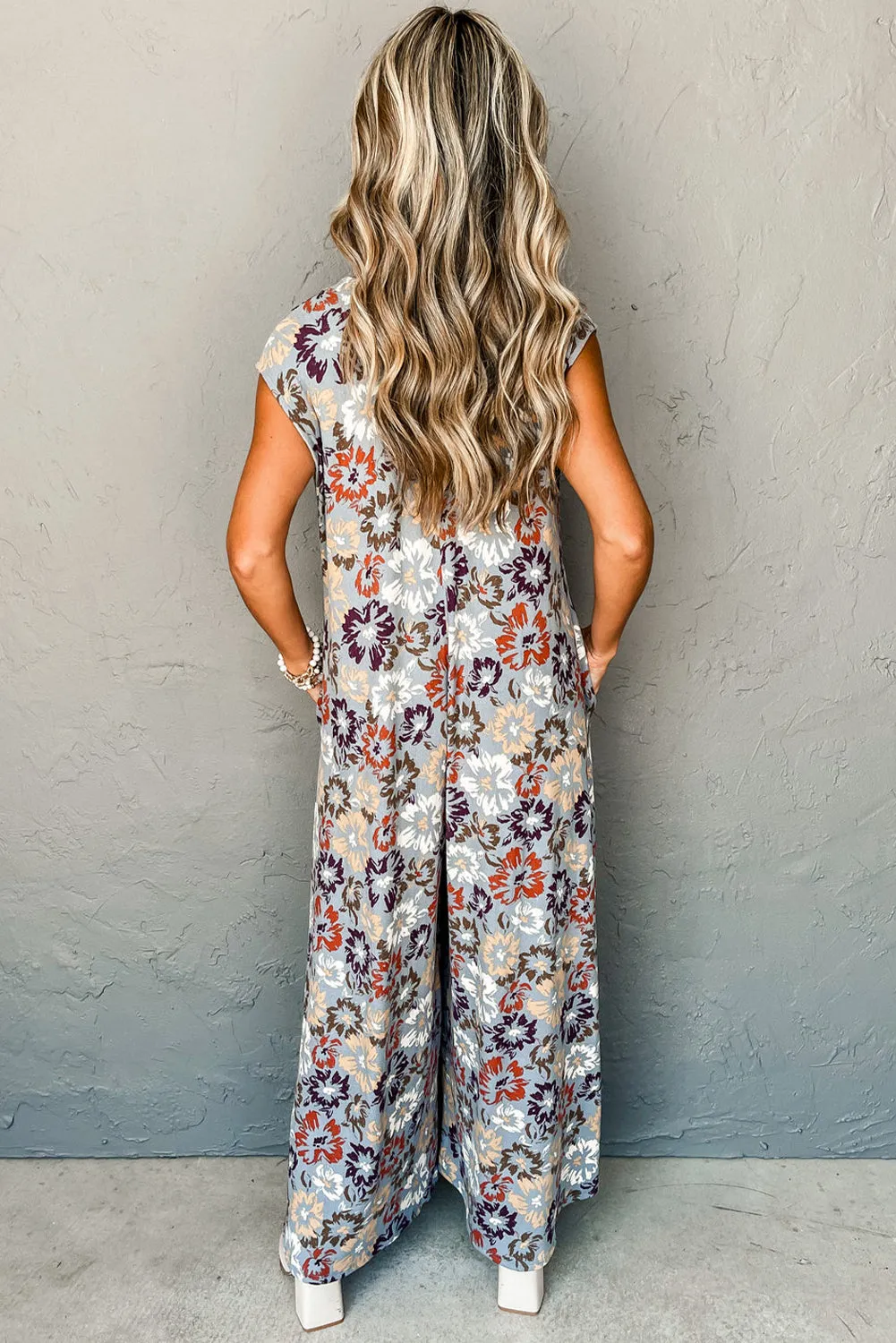 Sky Blue Floral Sleeveless Buttoned Pocketed Wide Leg Jumpsuit sold by Beagle Boutique product image thumbnail 2