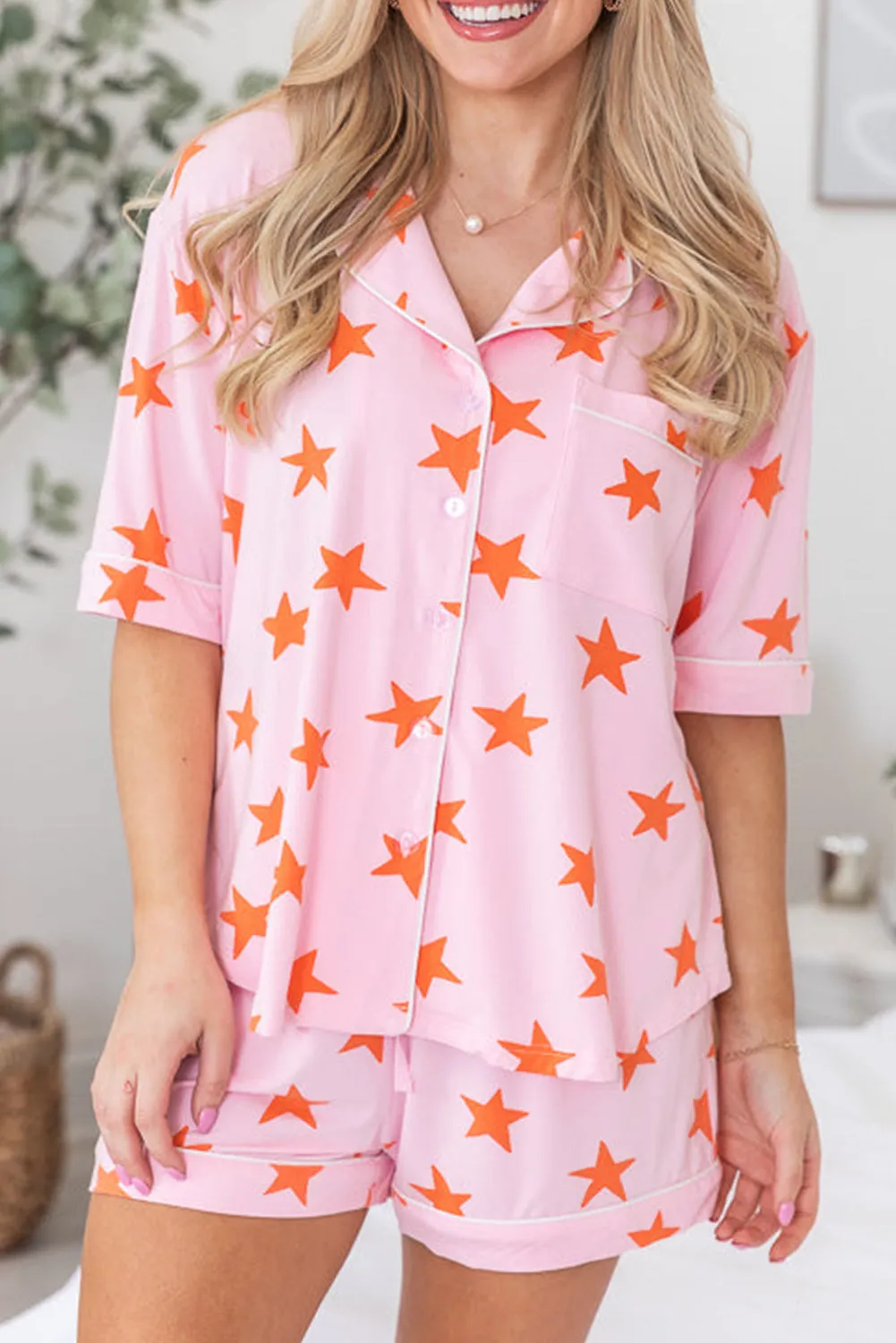 Pink Stars Short Sleeve Shirt and Shorts Bamboo Pyjama Set sold by Beagle Boutique