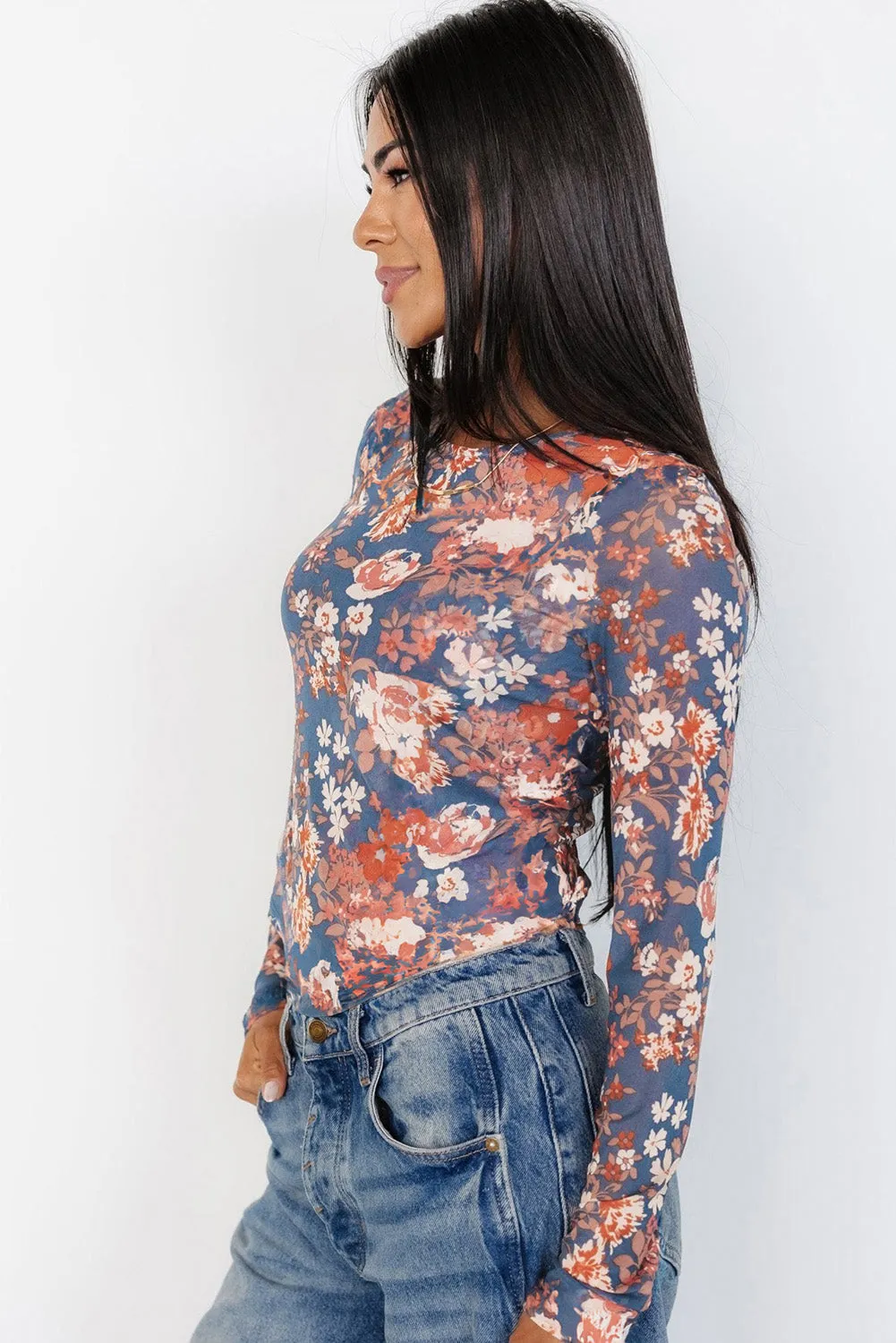 Orchid Petal Floral Print Mesh Fitted Long Sleeve Top sold by Beagle Boutique product image thumbnail 2