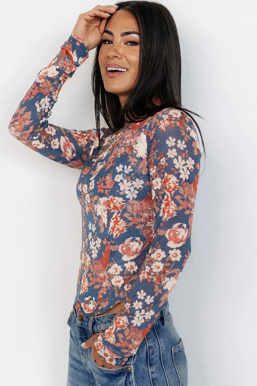 Orchid Petal Floral Print Mesh Fitted Long Sleeve Top sold by Beagle Boutique product image thumbnail 3